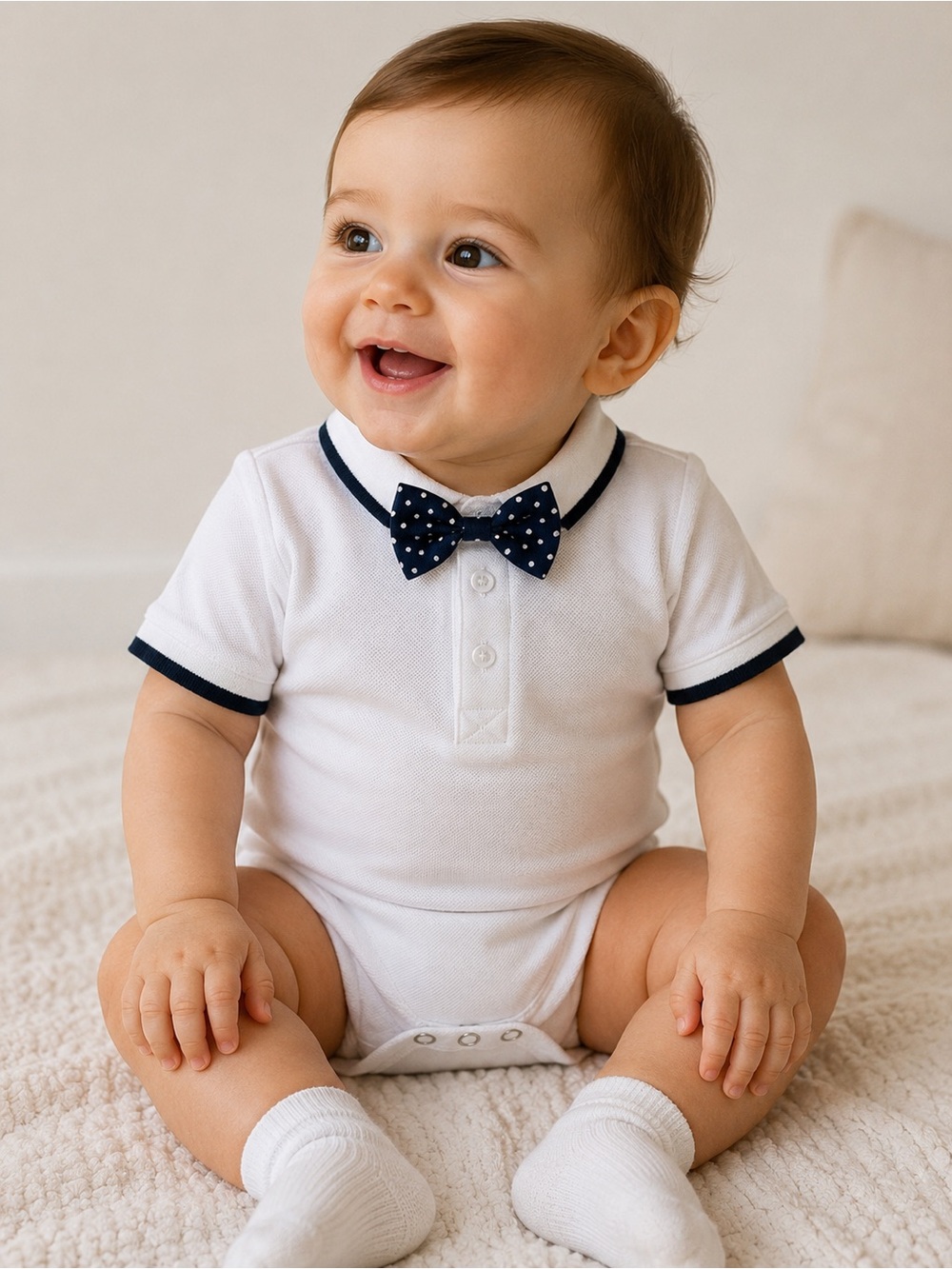 Baby Boy White Polo Bodysuit with Polka Dot Bow Tie Size 90